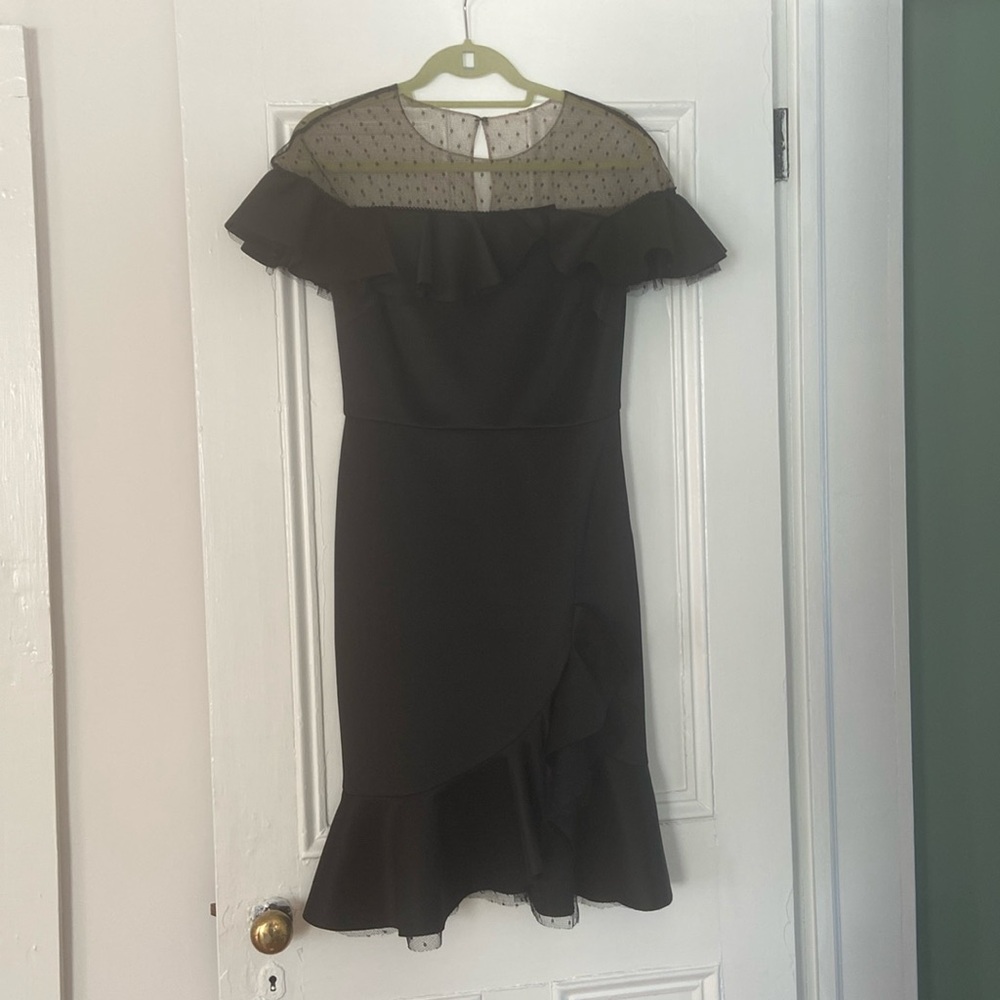 NWT Marchesa Notte Little Black Dress with Polkadot Mesh Detail
